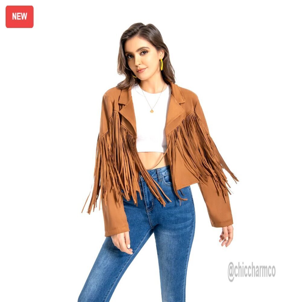 Faux Leather Fringe Jacket Crop Moto Western Cowgirl Tassel Style